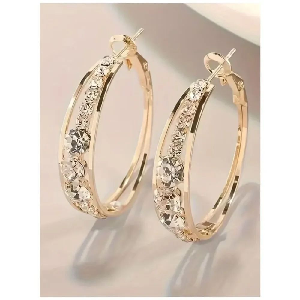 Minimalist Hollow Hoop Earrings Round Shimmer Cubic Zirconia Stones Lightweight